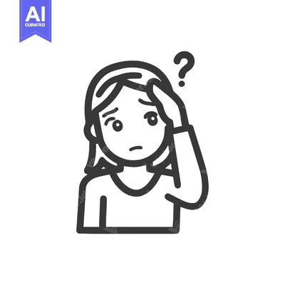 Confused Woman Icon with Question Mark, Hand on Forehead, Outline Styl