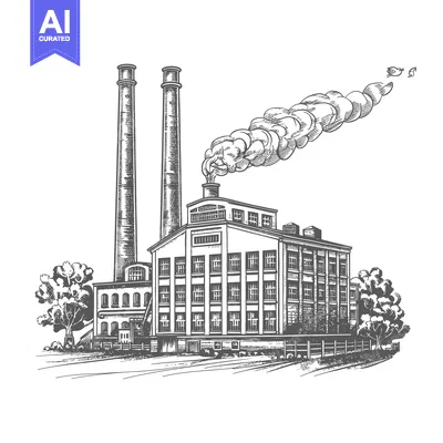 Premium design asset: An industrial illustration of a factory emitting smoke from its chimne
