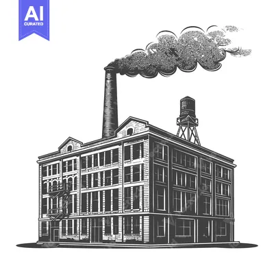 Popular premium asset: A detailed black and white drawing of an industrial building