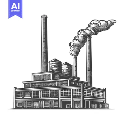Aset premium populer: Industrial factory building emits smoke through multiple tall smokesta