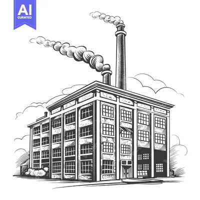 Popular premium asset: Detailed illustration of a factory building with smoking chimneys in t