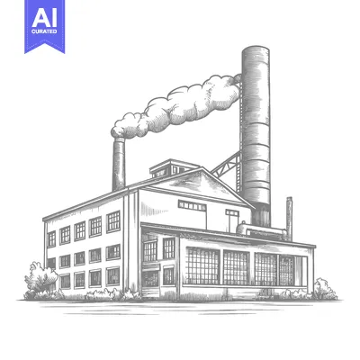 Aset premium populer: An illustrated factory building with visible smoke billowing from chim