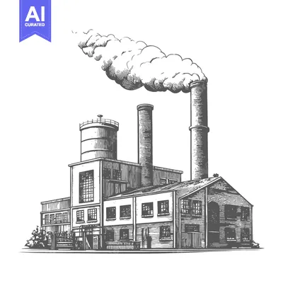Popular premium asset: Detailed industrial factory illustration with smoke plumes against a b