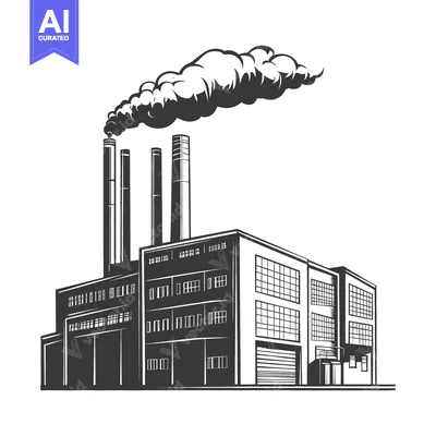 Aset desain premium: Industrial factory building emitting smoke from its tall smokestacks a