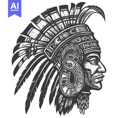 Aset desain premium: Profile of a Native American with Feathers and Ornamental Headwear