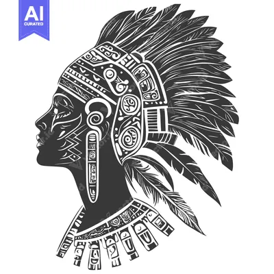 Aset desain premium: Profile of a Native American Woman Wearing a Headdress