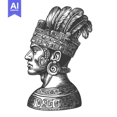 Aset premium populer: Profile of an Aztec Man Wearing a Headdress with Feathers