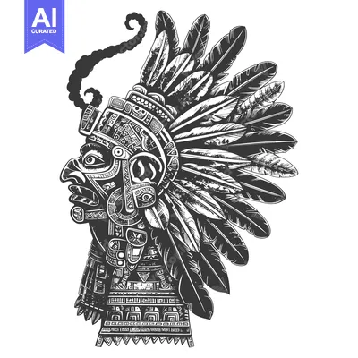 Aset desain premium: Profile of an Aztec Warrior Wearing a Feathered Headdress