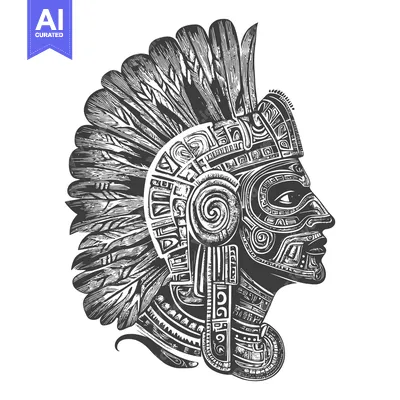 Aset desain premium: Profile of an Aztec Warrior Wearing a Feathered Headdress and Ornate M