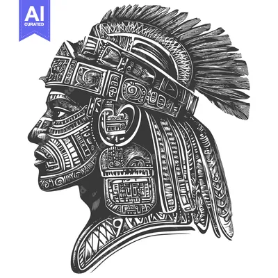 Aset desain premium: Profile of an Aztec Warrior with Elaborate Headpiece and Facial Decora