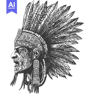 Aset desain premium: Profile of an Aztec Warrior with Elaborate Headress and Facial Designs