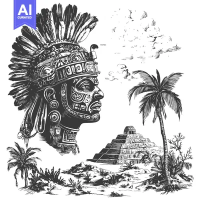 Profile of an Indigenous Person in a Feathered Headdress with a Pyrami