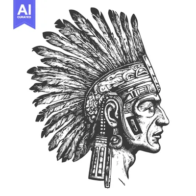 Premium design asset: Profile of an Indigenous Person Wearing a Feathered Headdress and Orna
