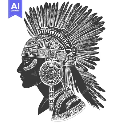 Premium design asset: Profile of an Indigenous Person Wearing a Feather Headdress and Ornate