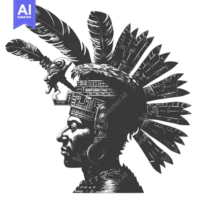 Aset desain premium: Profile of an Indigenous Person with Elaborate Headdress of Feathers a