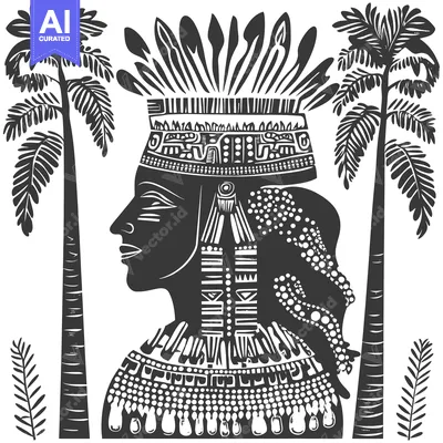 Aset desain premium: Profile of a Woman with Elaborate Headdress and Jewelry, Flanked by Pa