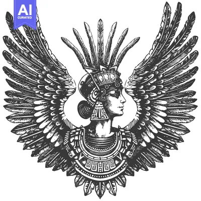 Aset desain premium: Profile of a Woman with Feathered Wings and Ornate Headdress
