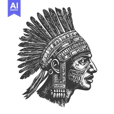 Aset premium populer: Profile of Indigenous Person with Elaborate Headwear and Facial Design