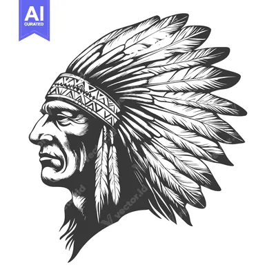 Profile of Native American Man Wearing a Headdress of Feathers