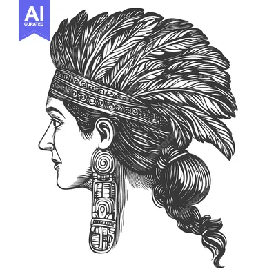 Aset desain premium: Profile Portrait of a Woman with Native American Headdress