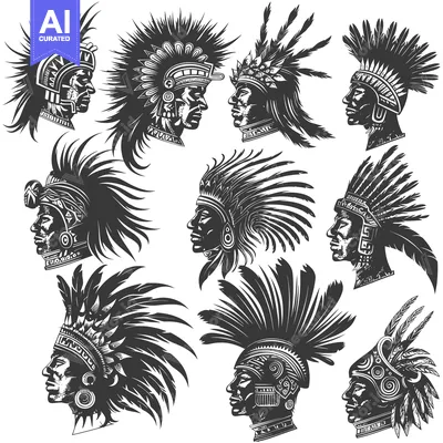 Aset premium populer: Profile Portraits of Native American Warriors in Headdresses
