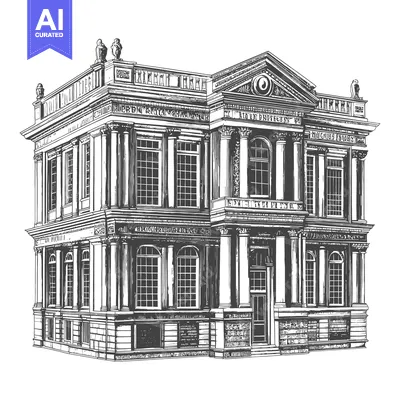 Premium design asset: A detailed black and white illustration depicts a classical architectu