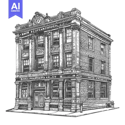 Aset desain premium: An artistic detailed black and white drawing of a building facade
