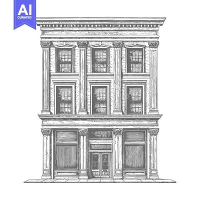 Aset desain premium: A detailed pen and ink illustration of a historical building facade