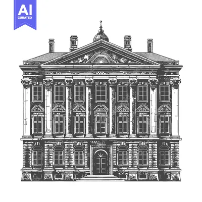 Aset desain premium: A grand historical architectural building presented in black and white