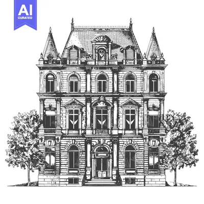 Aset desain premium: An elaborate and symmetrical sketch of a large stately mansion