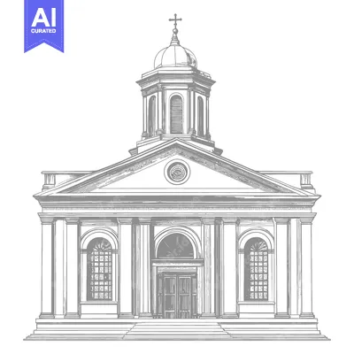 Classical architectural drawing of a church with tall steeple