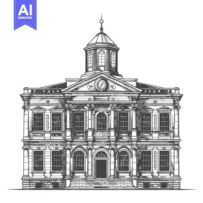 Detailed black and white architectural illustration of a grand buildin