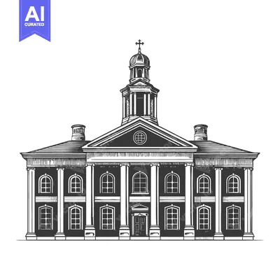 A detailed architectural illustration of a building with a steeple