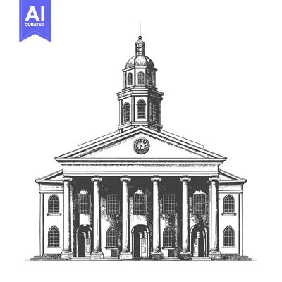 A detailed black and white illustration of a grand building