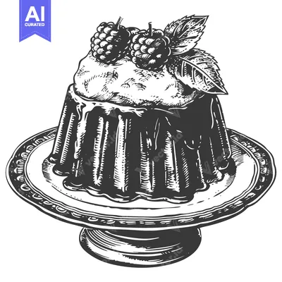 Aset premium populer: A detailed black and white drawing of a sweet dessert on a plate
