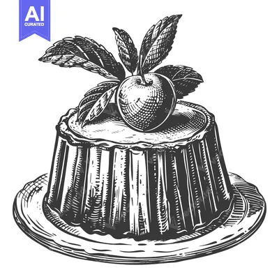 Engraved Illustration Depicts Dessert Topped with Apple and Leaves
