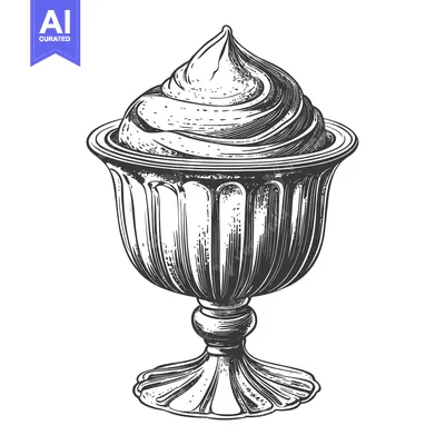 Aset premium populer: A decorative dessert sundae in a detailed ornate silver bowl
