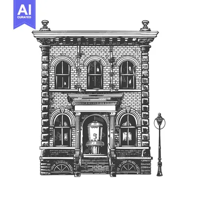 Premium design asset: Detailed vintage illustration depicts a brick building and streetlight