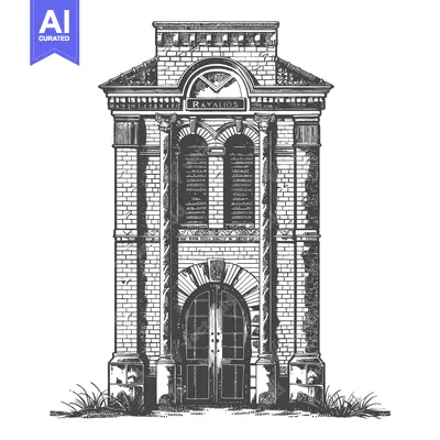 Aset desain premium: A detailed illustration depicting a classic brick building facade