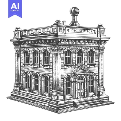 Aset premium populer: A detailed grayscale architectural drawing of a classical building des