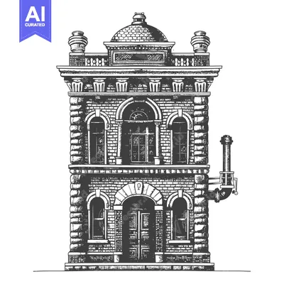 A detailed architectural ink illustration depicting an old building fa