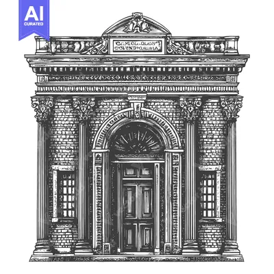 Aset desain premium: An architectural rendering displaying a classical building facade desi