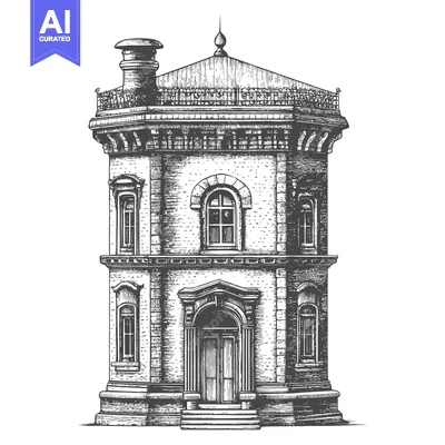 A detailed black and white illustration of a historic architectural to