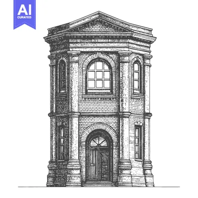 Aset desain premium: Detailed black and white illustration depicts a historic brick buildin