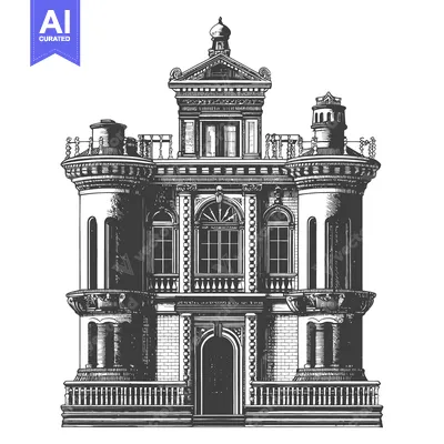 A detailed black and white drawing of a grand house