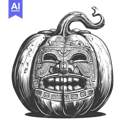 Aset desain premium: Pumpkin Carved with Aztec-Inspired Mask Design
