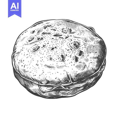 An artistic monochrome drawing of a round flatbread item