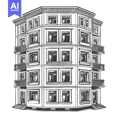 Premium design asset: Detailed illustration of a large multi story corner building facade