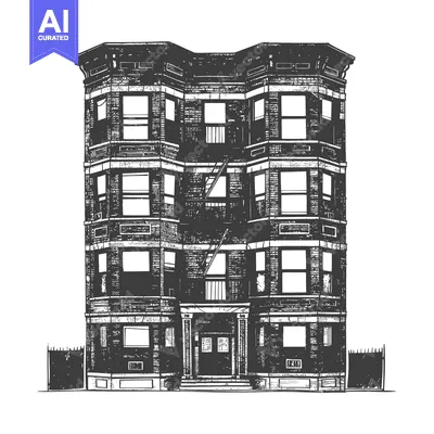 Aset premium populer: A detailed monochrome illustration of a residential apartment building