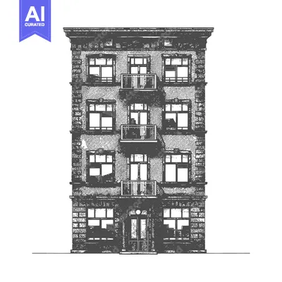 Aset desain premium: Detailed black and white illustration of a multi story apartment build